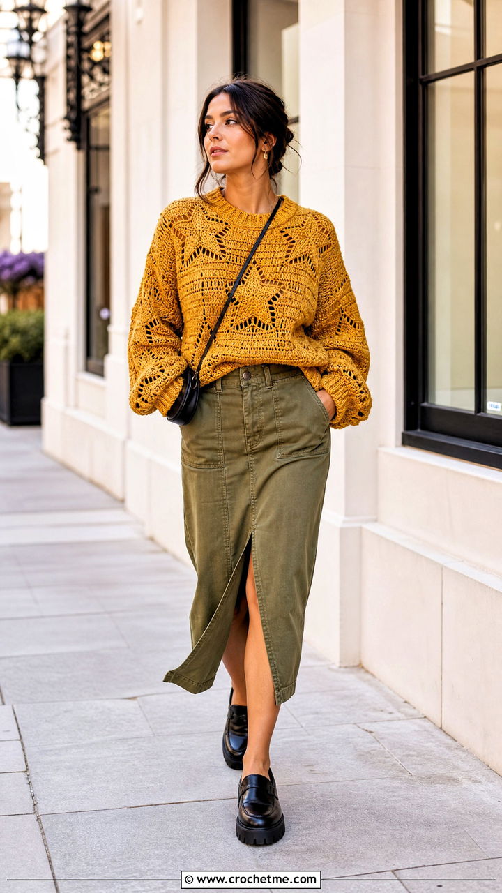 Balloon Sleeve Star Sweater With Utility Midi Skirt - 35 crochet star sweater outfit ideas