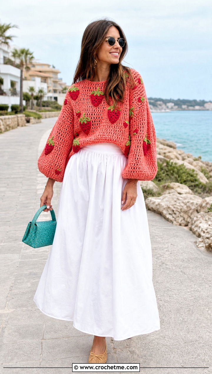 Balloon Sleeve Strawberry Crochet Sweater With White Maxi Skirt - 15 Strawberry Crochet Sweater outfit ideas