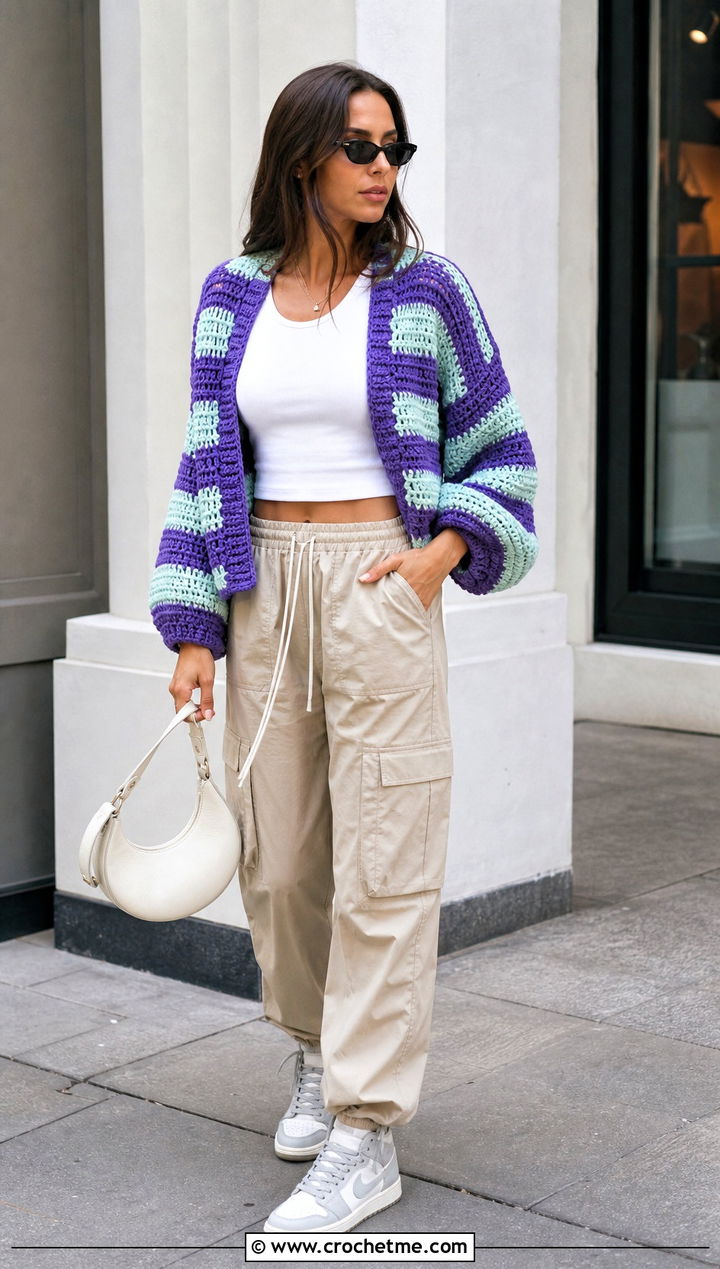 Balloon Sleeve Stripe Crochet Cardigan With Parachute Pants - 35 crochet striped cardigan outfit ideas