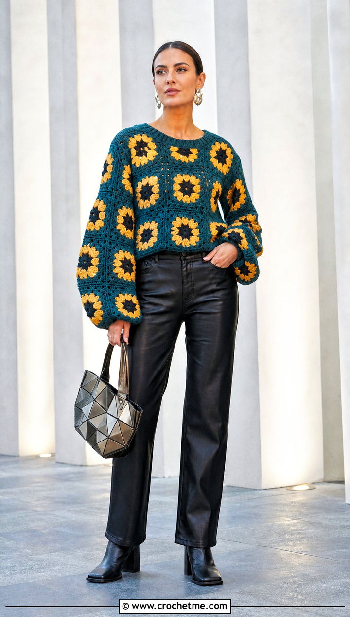 Balloon Sleeve Sunflower Granny Square Pullover Sweater With Leather Pants - 15 Sunflower Granny Square Pullover Sweater outfit ideas