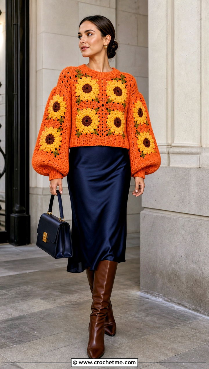 Balloon Sleeve Sunflower Granny Square Sweater Over Slip Dress - 30 sunflower granny square sweater outfit ideas