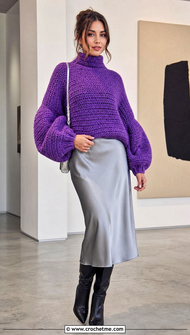 Balloon Sleeve Super Bulky Crochet Sweater With Satin Midi Skirt - 25 Super Bulky Crochet Sweater outfit ideas
