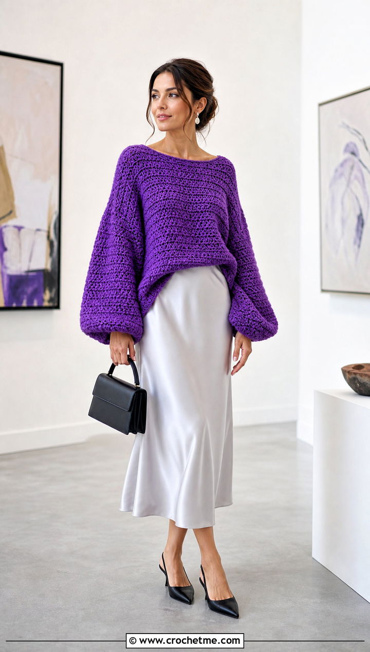 Balloon Sleeve Super Slouchy Crochet Sweater With Satin Midi Skirt - 15 Super Slouchy Crochet Sweater outfit ideas