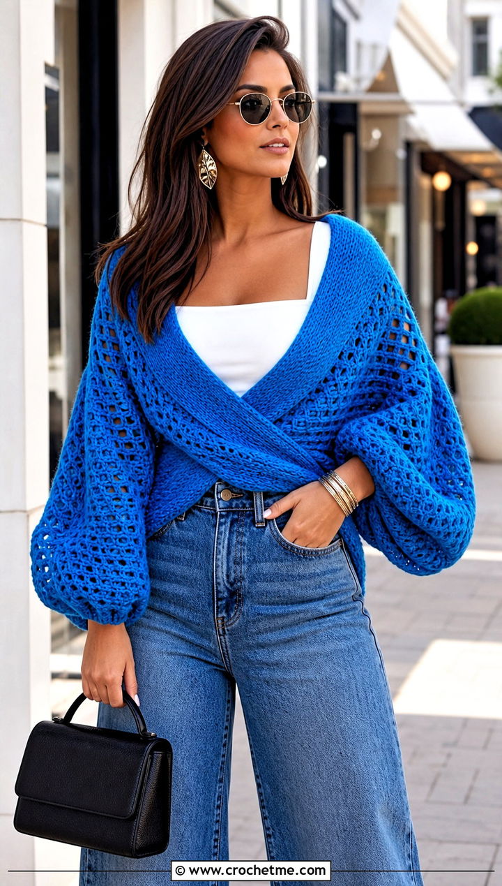 Balloon Sleeve Sweater Scarf With Wide Leg Jeans - 15 Crochet For Scarf With Sleeves outfit ideas