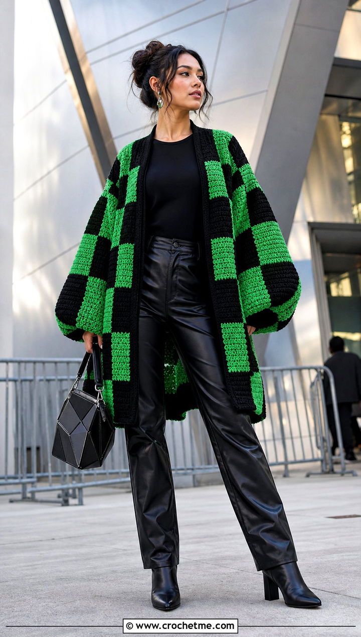 Balloon Sleeve Tanjiro Crochet Kimono With Leather Pants - 25 tanjiro crochet kimono outfit ideas