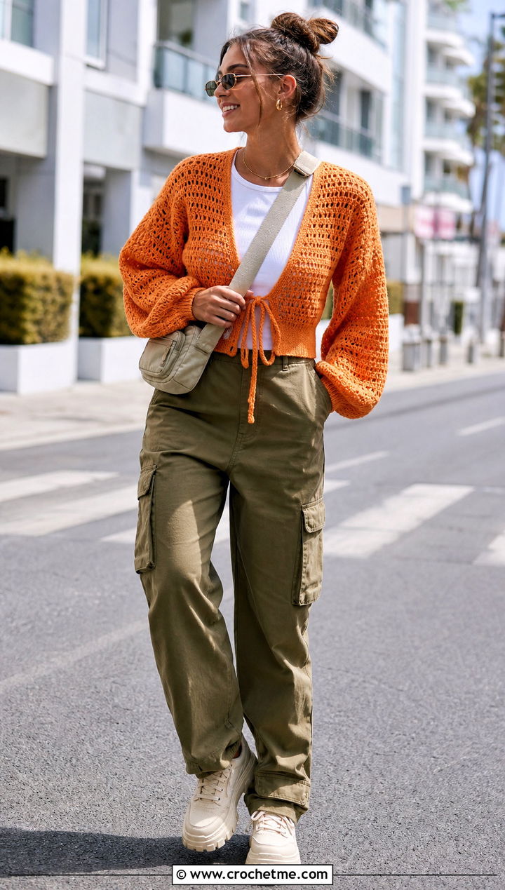 Balloon Sleeve Tie Front Crochet Top With Cargo Pants - 25 long sleeve tie front crochet top outfit ideas
