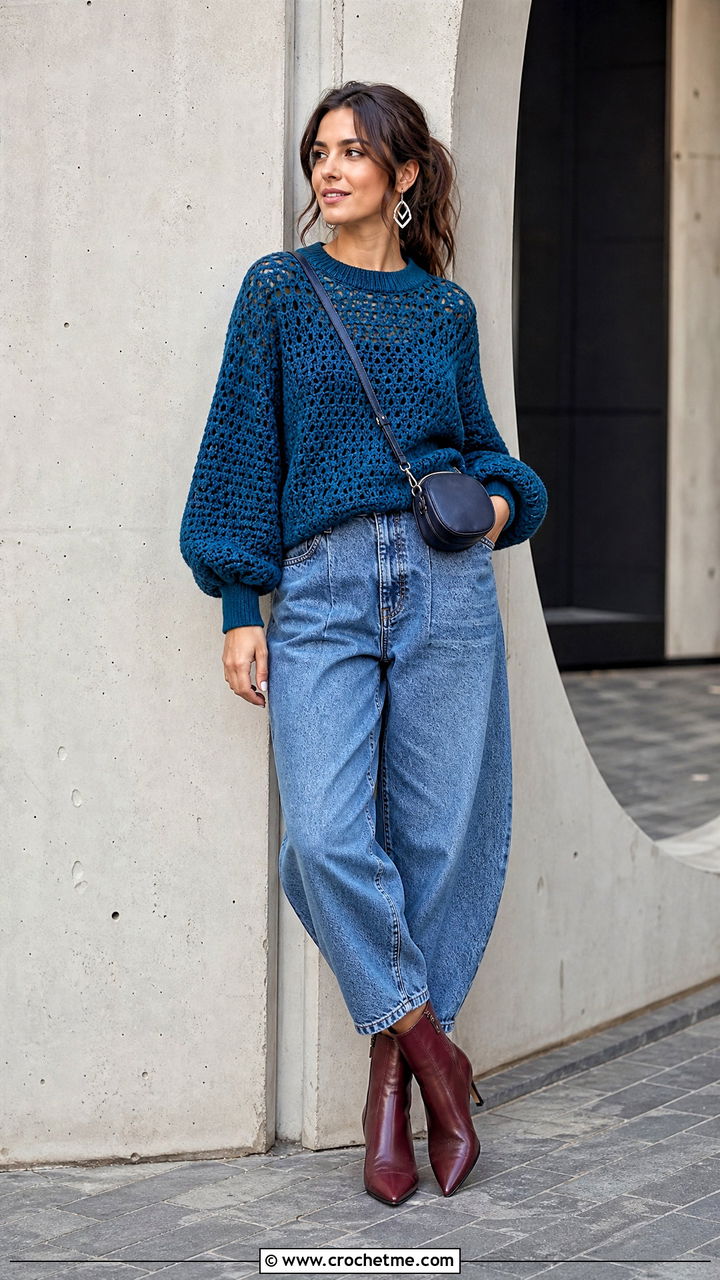 Balloon Sleeve Top Down Crochet Sweater With Barrel Jeans - 35 top down crochet sweater outfit ideas