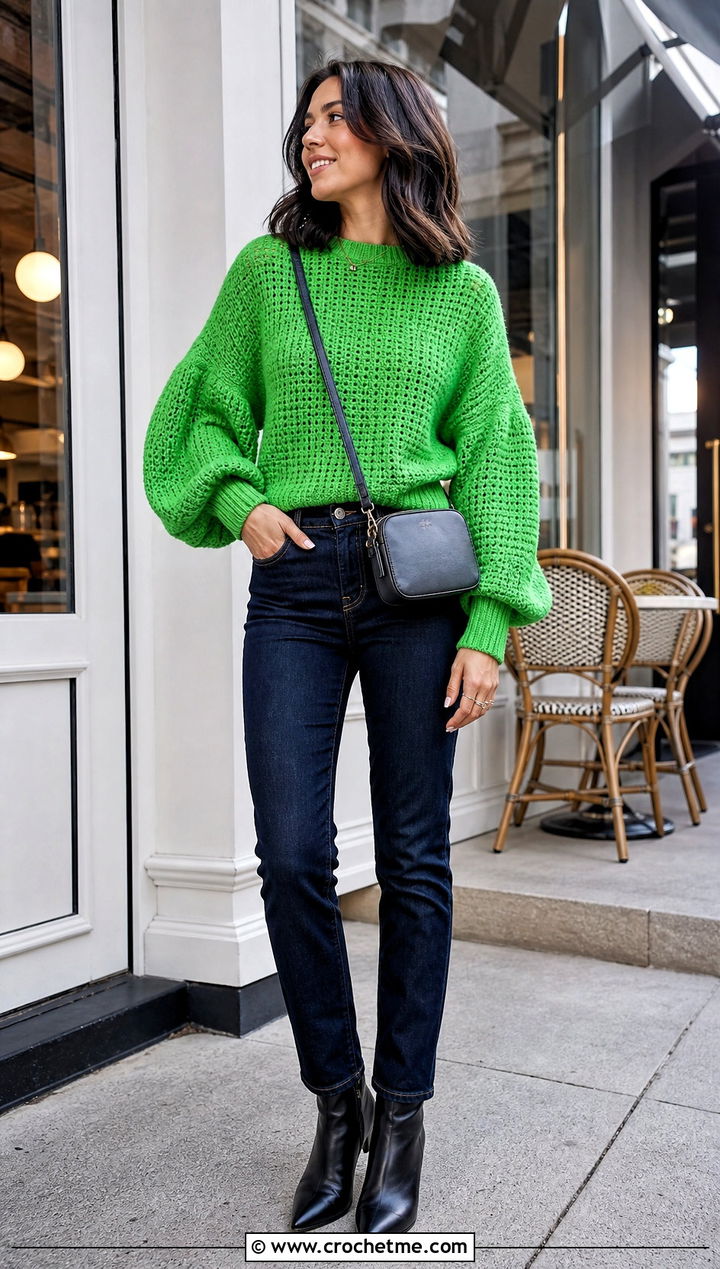 Balloon Sleeve Top Down Crochet Sweater With Slim Jeans - 15 Easy Top Down Crochet Sweater outfit ideas