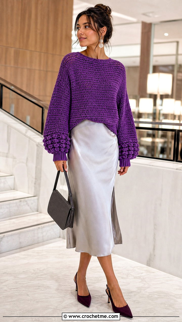Balloon Sleeve Triple Crochet Sweater Over Slip Dress - 20 Triple Crochet Sweater outfit ideas