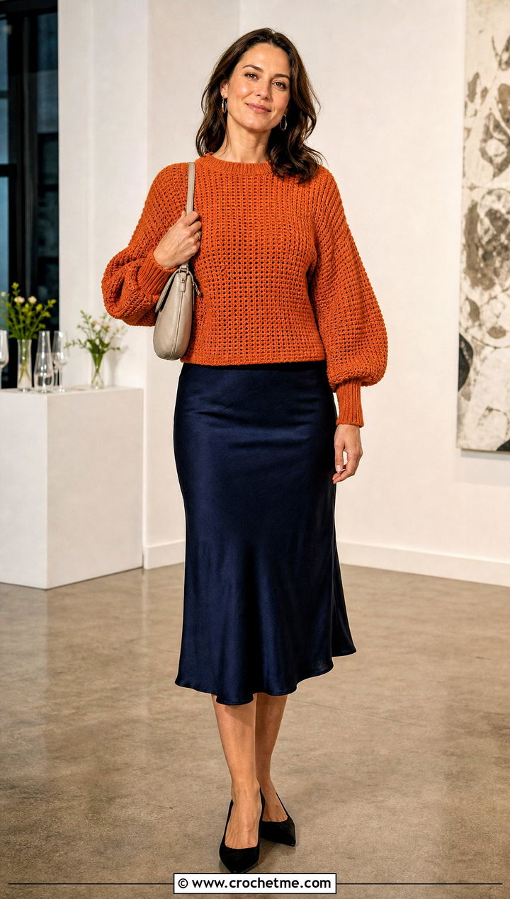 Balloon Sleeve Tunisian Crochet Jumper With Bias Cut Skirt - 30 tunisian crochet jumper outfit ideas