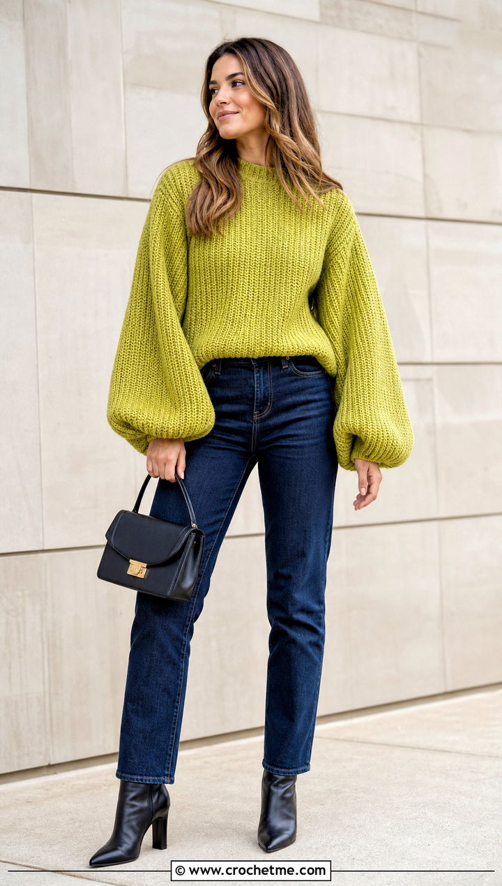 Balloon Sleeve Tunisian Sweater With Slim Jeans - 35 tunisian crochet sweater outfit ideas