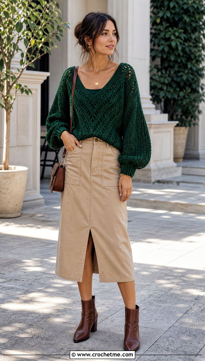 Balloon Sleeve V Stitch Crochet Sweater With Utility Skirt - 25 V Stitch Crochet Sweater outfit ideas
