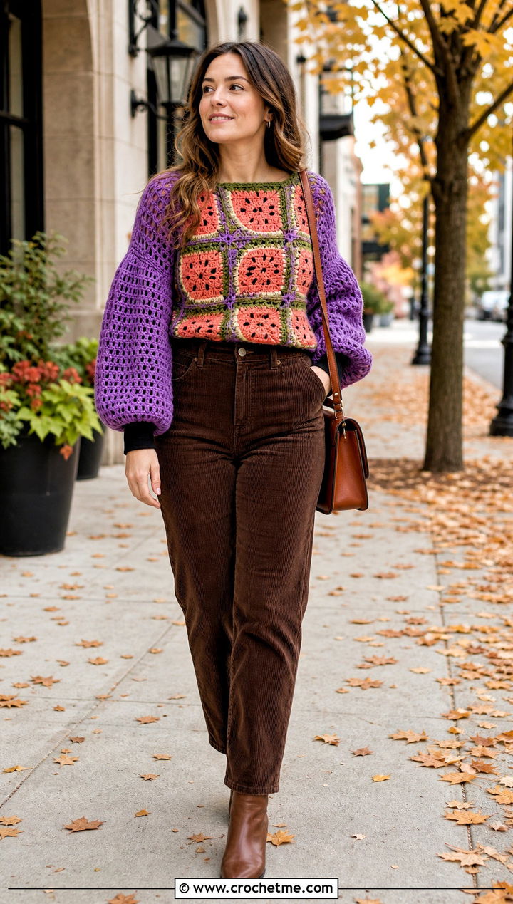 Balloon Sleeve Watermelon Crochet Top With Corduroy Pants - 30 watermelon crochet top outfit ideas