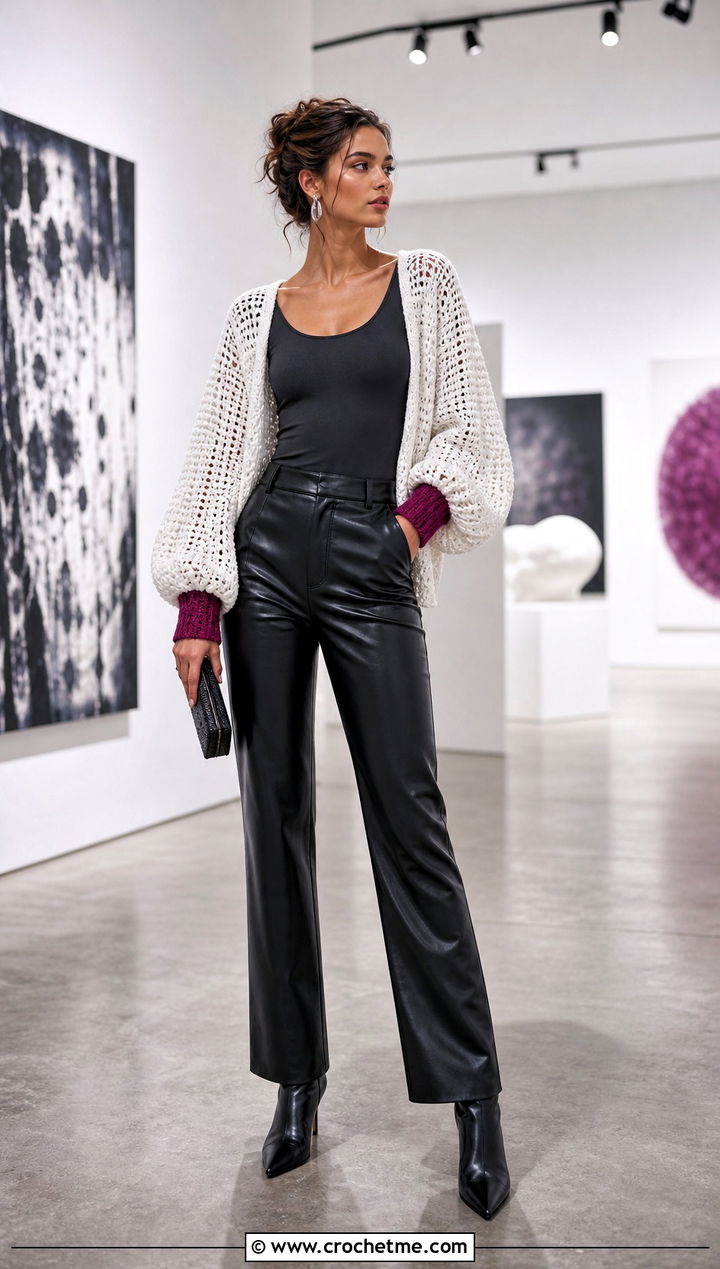 Balloon Sleeve White Crochet Cardigan With Leather Pants - 35 crochet white cardigan outfit ideas