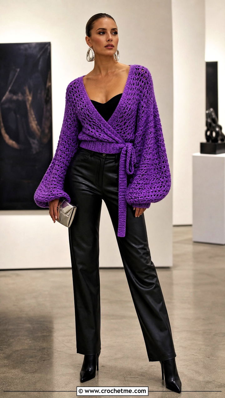 Balloon Sleeve Wrap Crochet Cardigan With Leather Pants - 30 wrap crochet cardigan outfit ideas