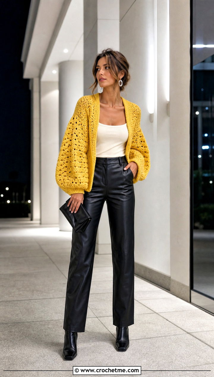 Balloon Sleeve Yellow Crochet Cardigan With Leather Pants - 30 yellow crochet cardigan outfit ideas