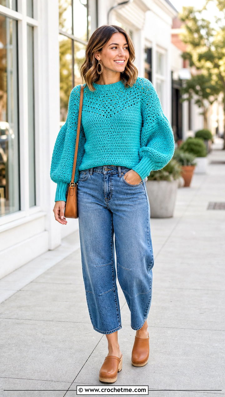 Balloon Sleeve Yoke Crochet Sweater With Barrel Jeans - 25 Yoke Down Crochet Sweater outfit ideas