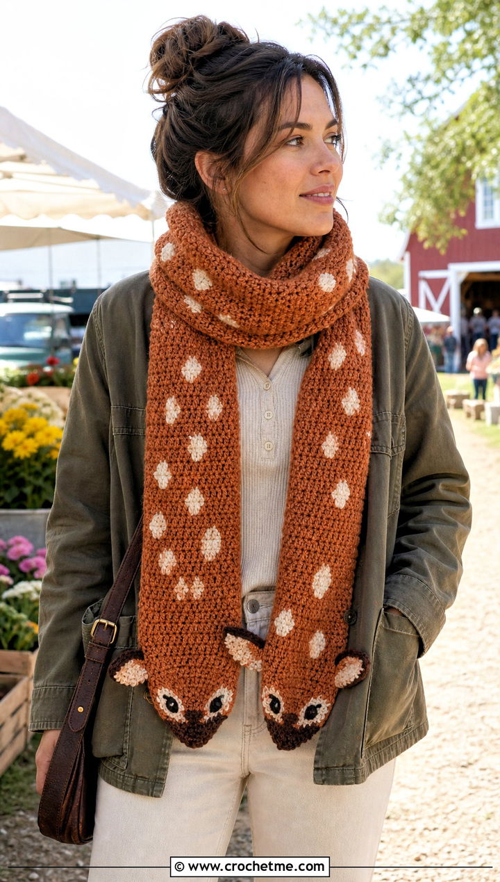 Bambi Textured Crochet Scarf With Barn Jacket - 20 Crochet Disney Scarf outfit ideas