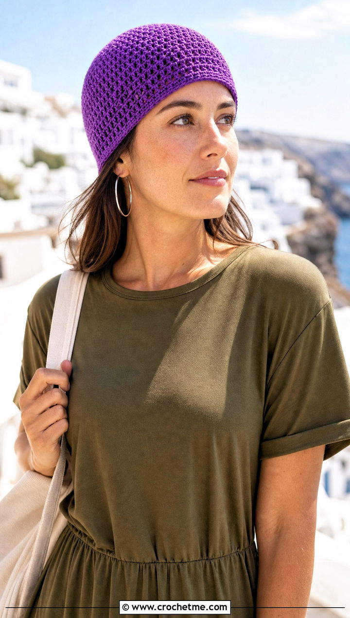 Bamboo Crochet Beanie With T Shirt Dress And Sandals - 30 summer crochet beanie outfit ideas