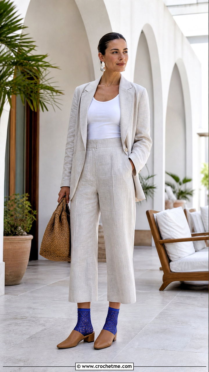 Bamboo Crochet Lace Socks With Linen Suit And Mules - 35 crochet socks outfit ideas