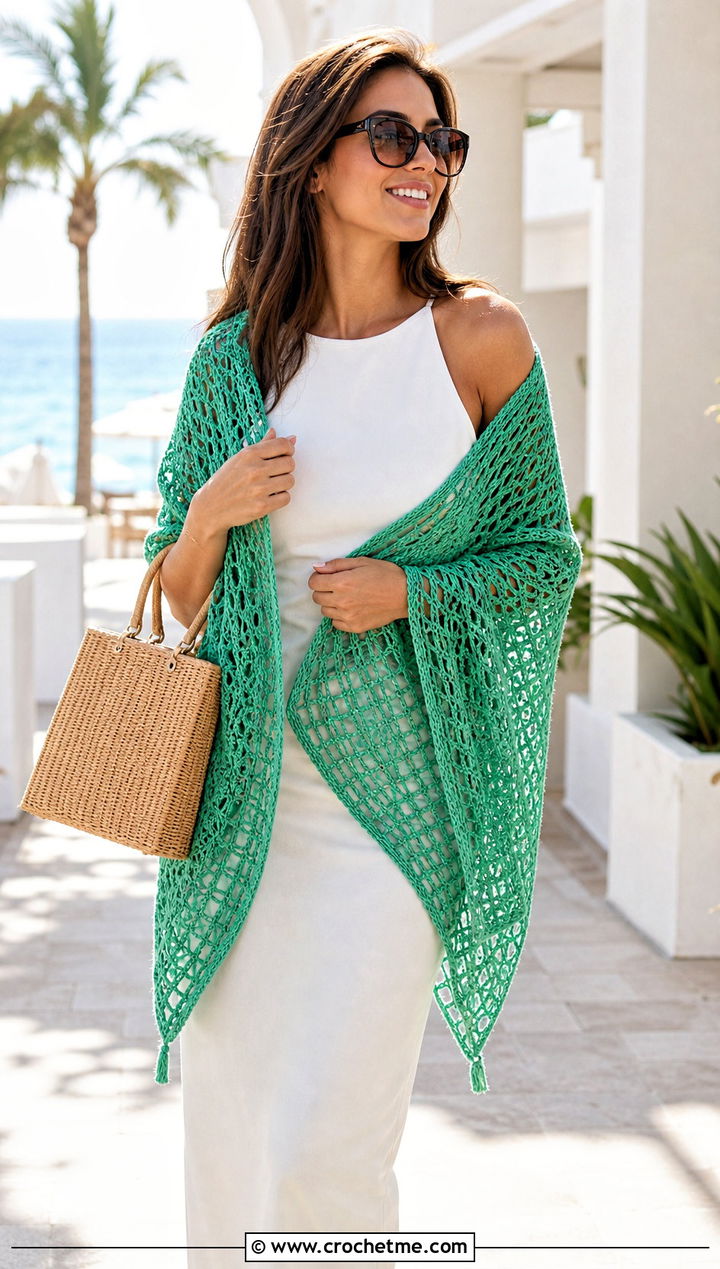 Bamboo Mesh Triangle Shawl With Resort Outfit - 30 Crochet Mesh Triangle Shawl outfit ideas