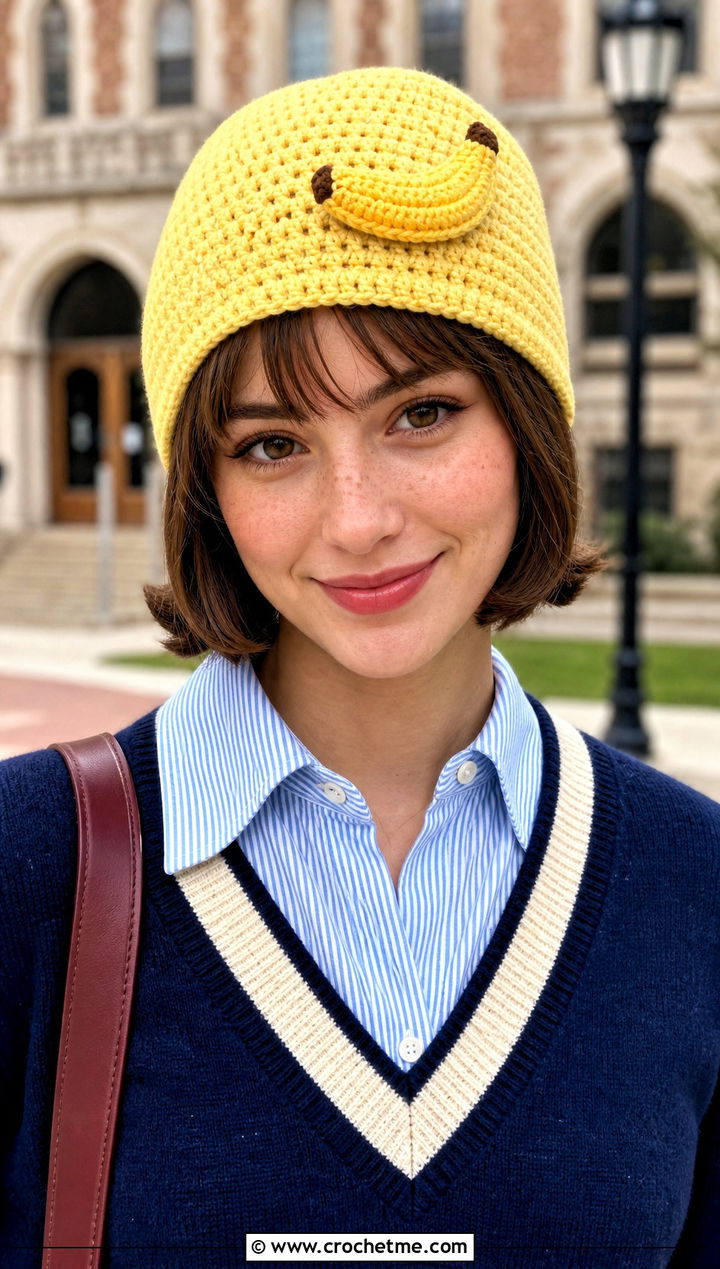 Banana Crochet Beanie With Preppy Layers - 30 crochet fruit beanie outfit ideas