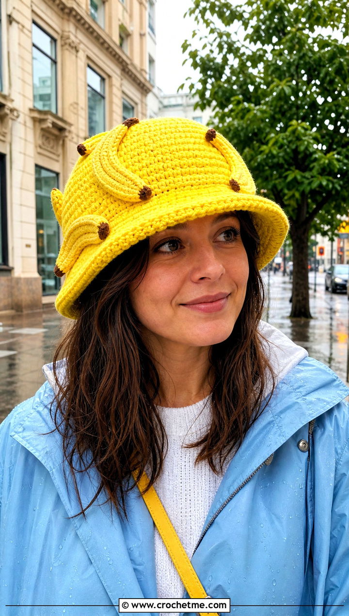 Banana Crochet Fruit Bucket Hat With Raincoat - 25 crochet fruit bucket hat outfit ideas
