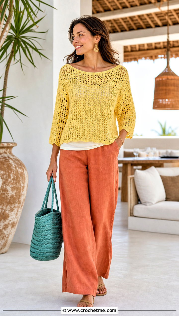 Banana Yellow Crochet Boatneck Sweater With Linen Pants - 30 Crochet Yellow Sweater outfit ideas