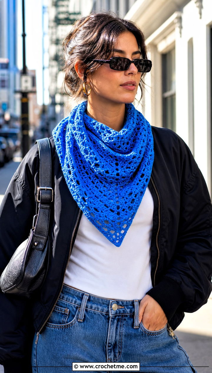 Bandana Skein Crochet Shawl With Bomber Jacket And Wide Leg Jeans - 15 Easy 1 Skein Crochet Shawl outfit ideas