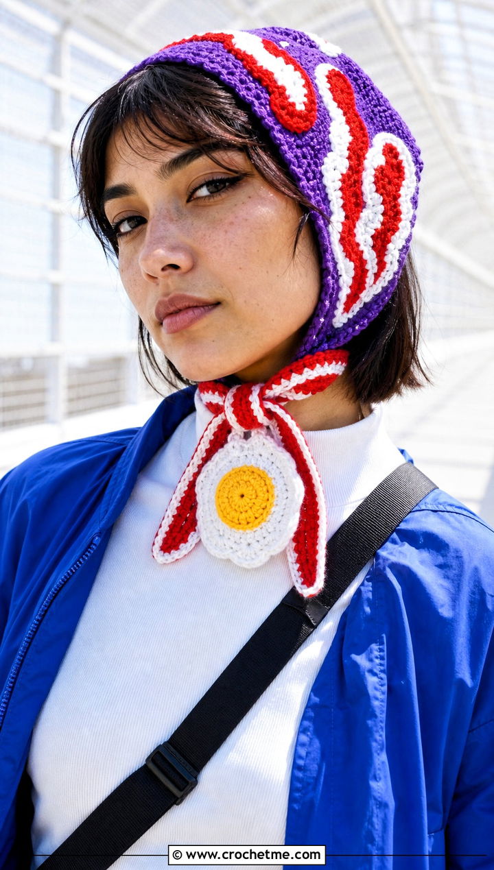 Bandana Bacon And Egg Scarf With Sporty Windbreaker - 20 Crochet Bacon And Eggs Scarf outfit ideas