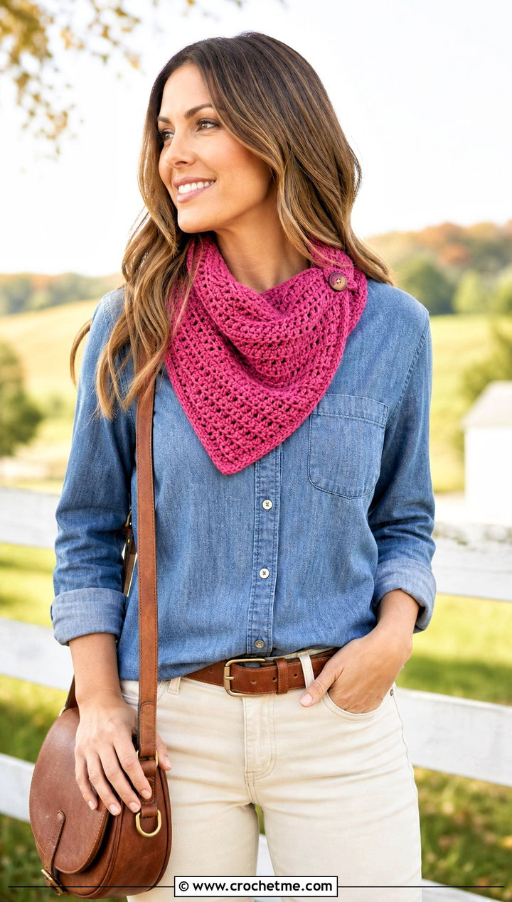 Bandana Button Cowl With Chambray Shirt - 25 crochet button cowl outfit ideas