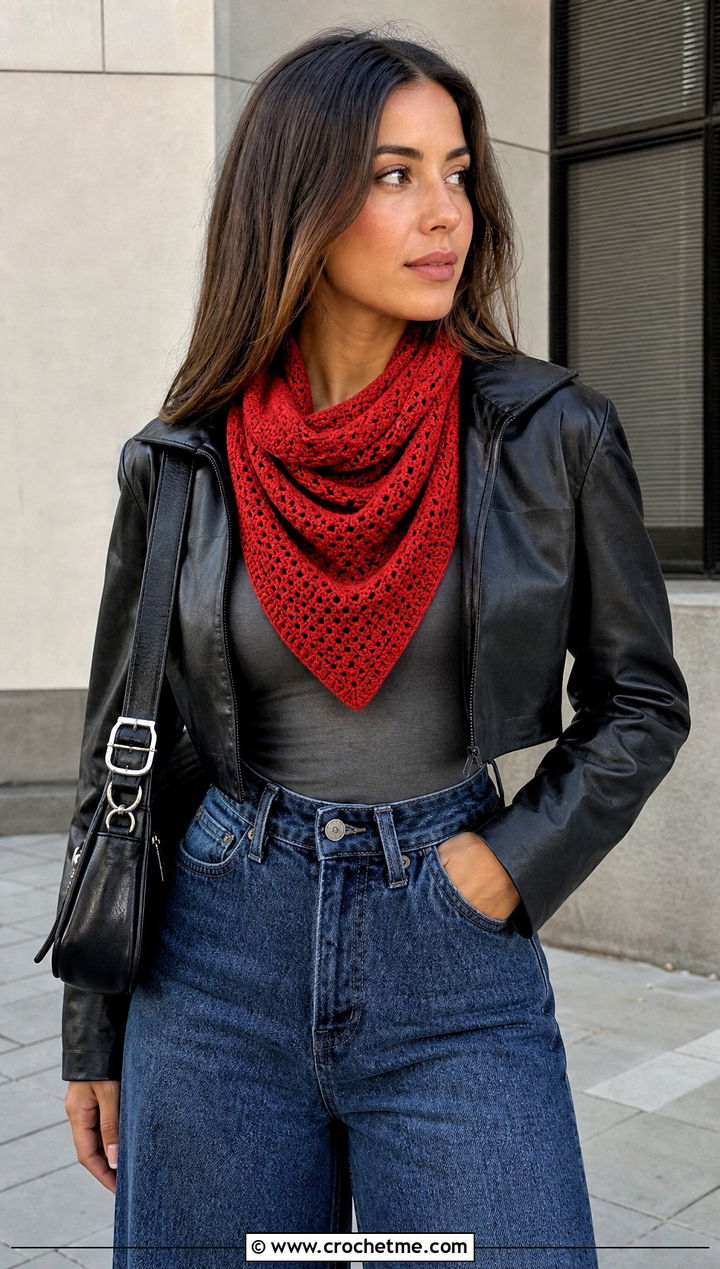 Bandana Cowl Neck Crochet Scarf With Leather Jacket - 25 Cowl Neck Crochet Scarf outfit ideas