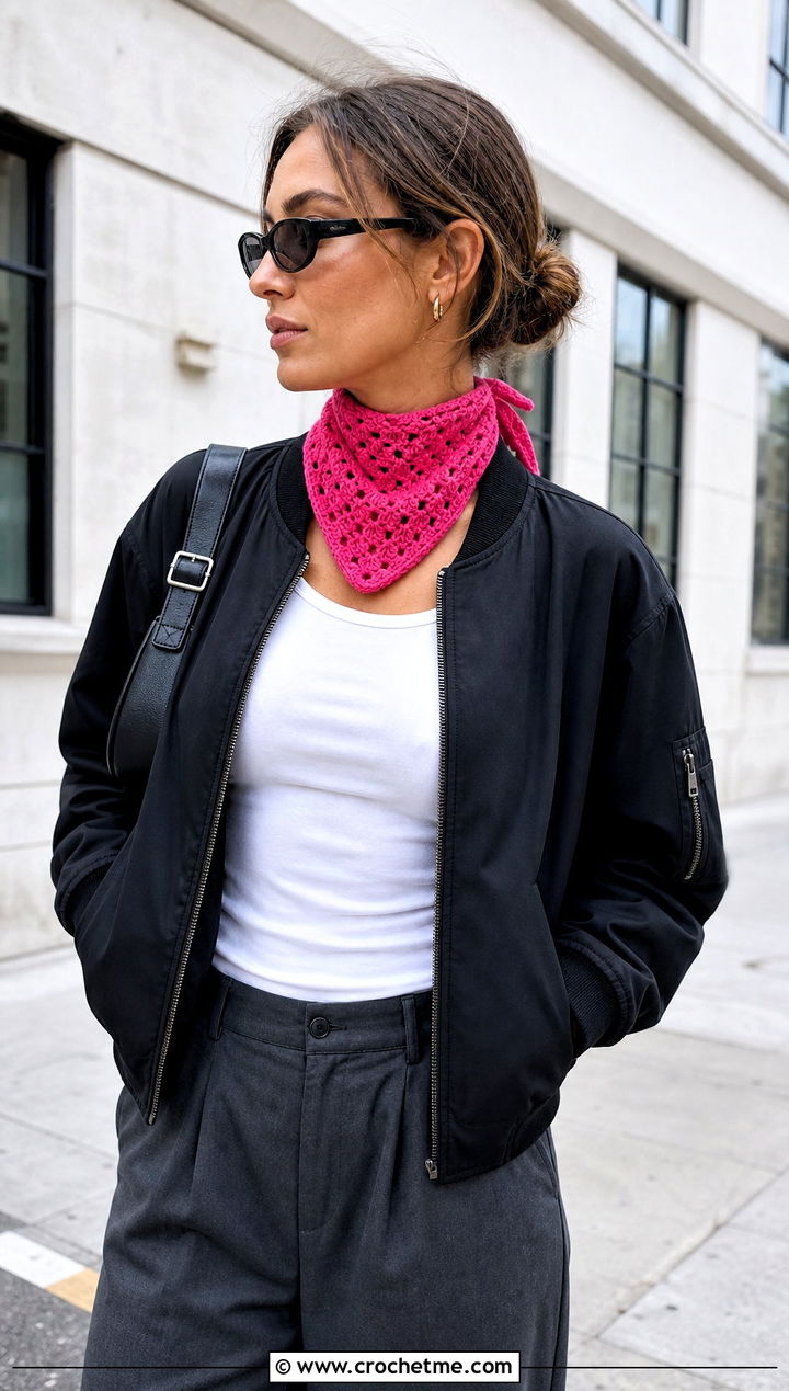 Bandana Crochet Cashmere Scarf With Bomber Jacket - 25 crochet cashmere scarf outfit ideas