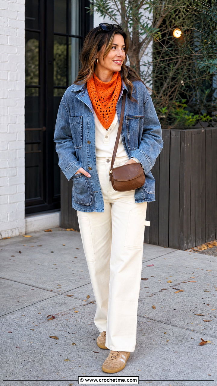 Bandana Crochet Cowl Neck Warmer With Chore Coat Outfit - 35 crochet cowl neck warmer outfit ideas