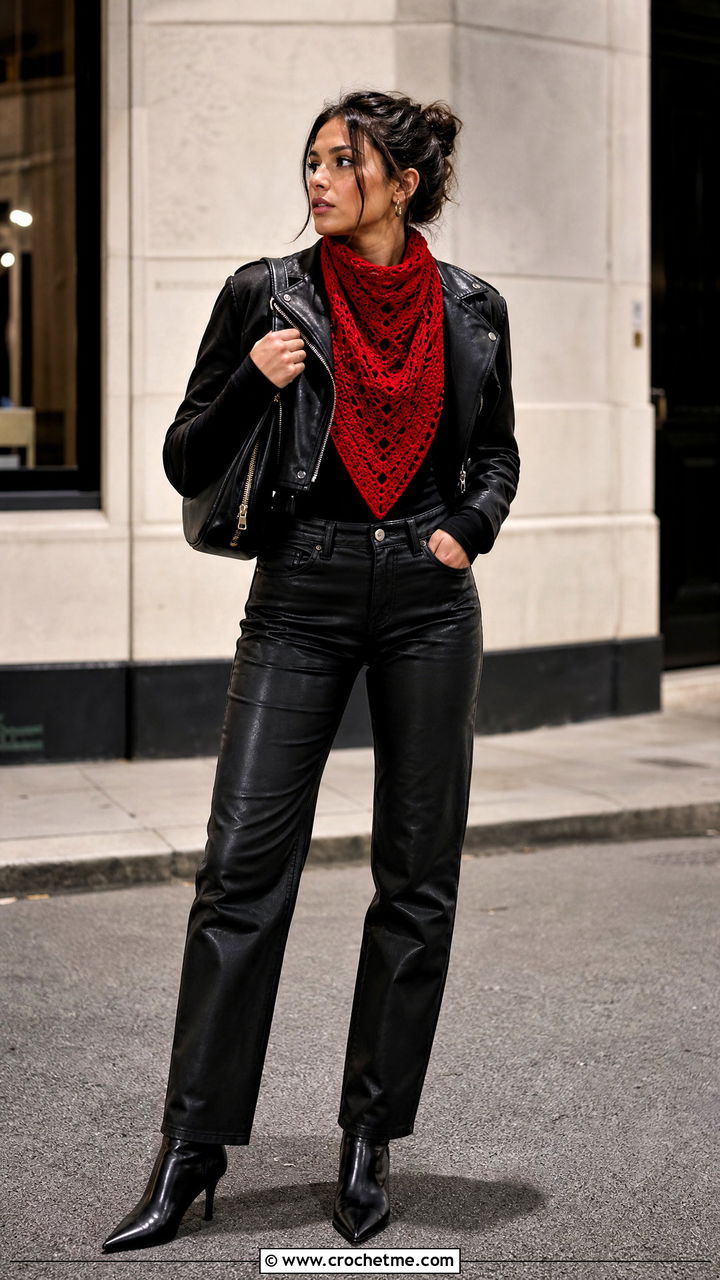 Bandana Crochet Cowl Scarf With Moto Jacket - 35 crochet cowell scarf outfit ideas