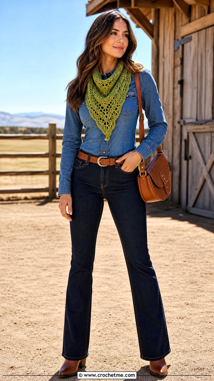Bandana Crochet Cowl With Denim Shirt - 35 crochet cowls outfit ideas
