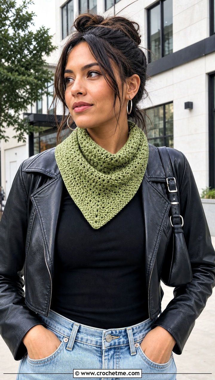 Bandana Crochet Cowl With Leather Jacket - 15 1 Skein Crochet Cowl outfit ideas