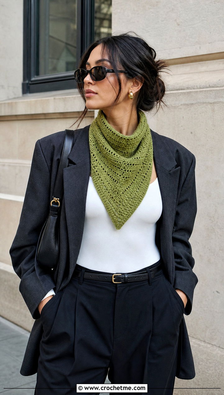 Bandana Crochet Cowl With Oversized Blazer - 25 cowl crochet scarf outfit ideas