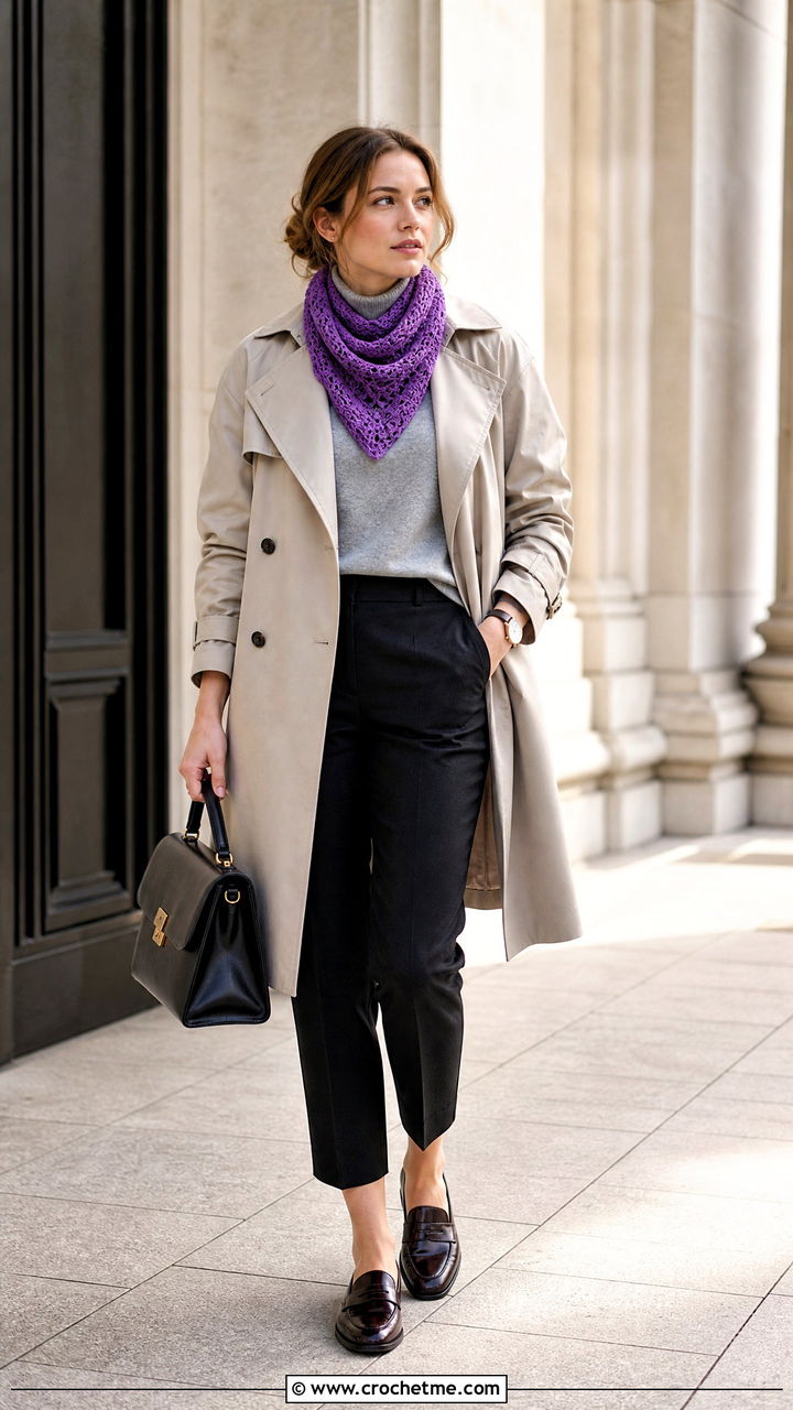 Bandana Crochet Cowl With Trench Coat - 35 crochet cowl outfit ideas