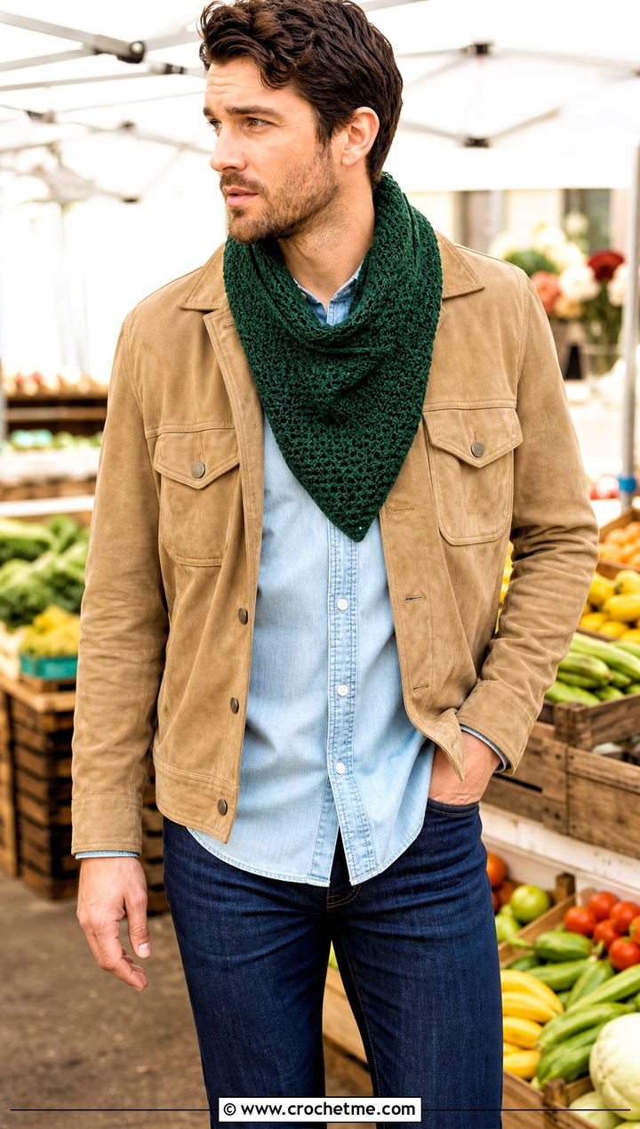 Bandana Crochet Cowl With Western Jacket - 30 crochet cowl for men outfit ideas