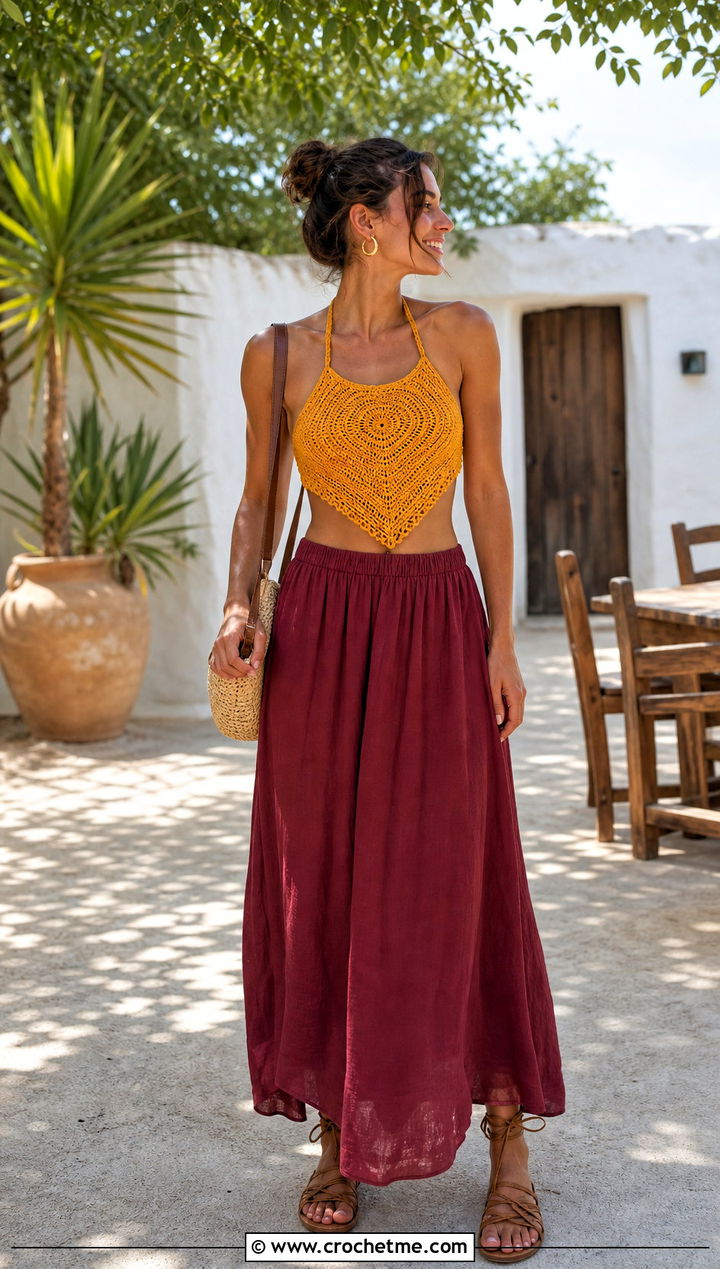 Bandana Crochet Halter Top With Linen Maxi Skirt - 35 easy crochet halter top outfit ideas