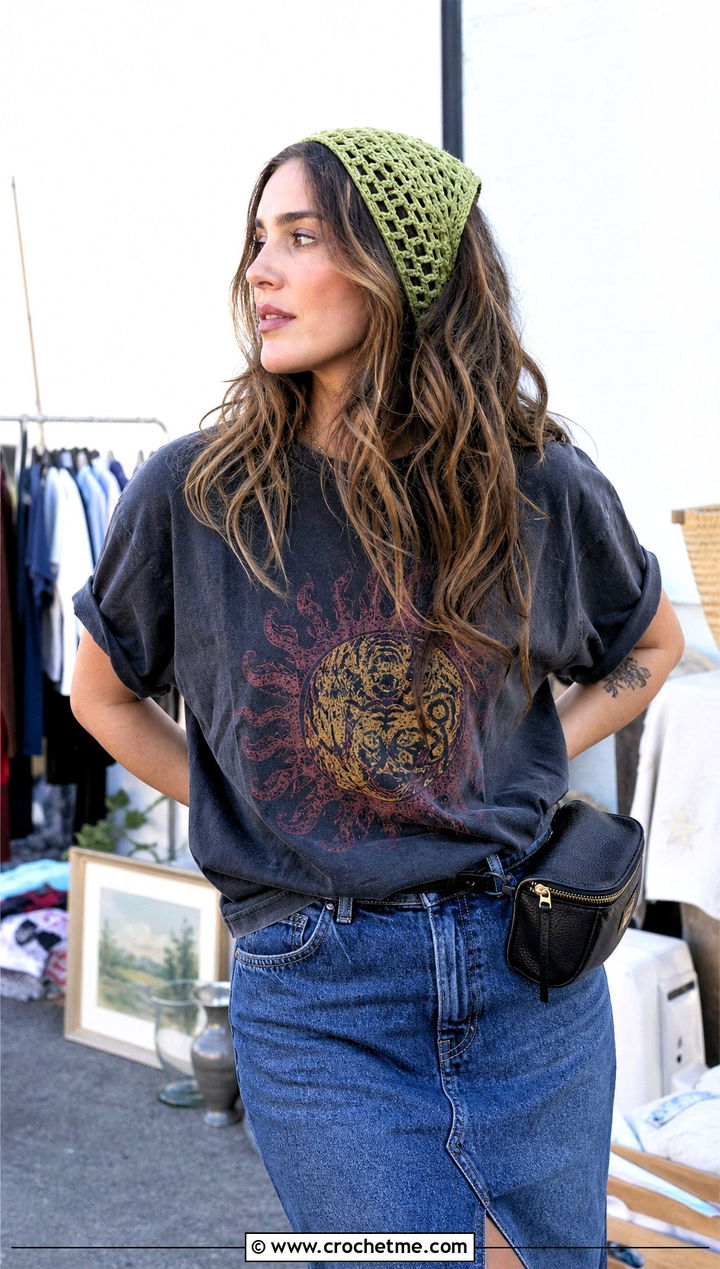 Bandana Crochet Headband With Graphic T Shirt - 30 crochet headband for women outfit ideas