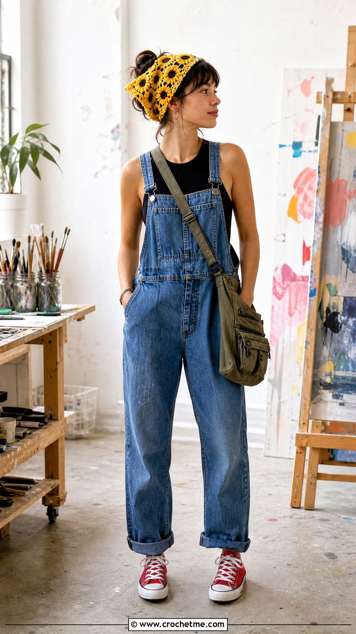Bandana Crochet Headband With Overalls And Tank Top - 35 crochet head band outfit ideas