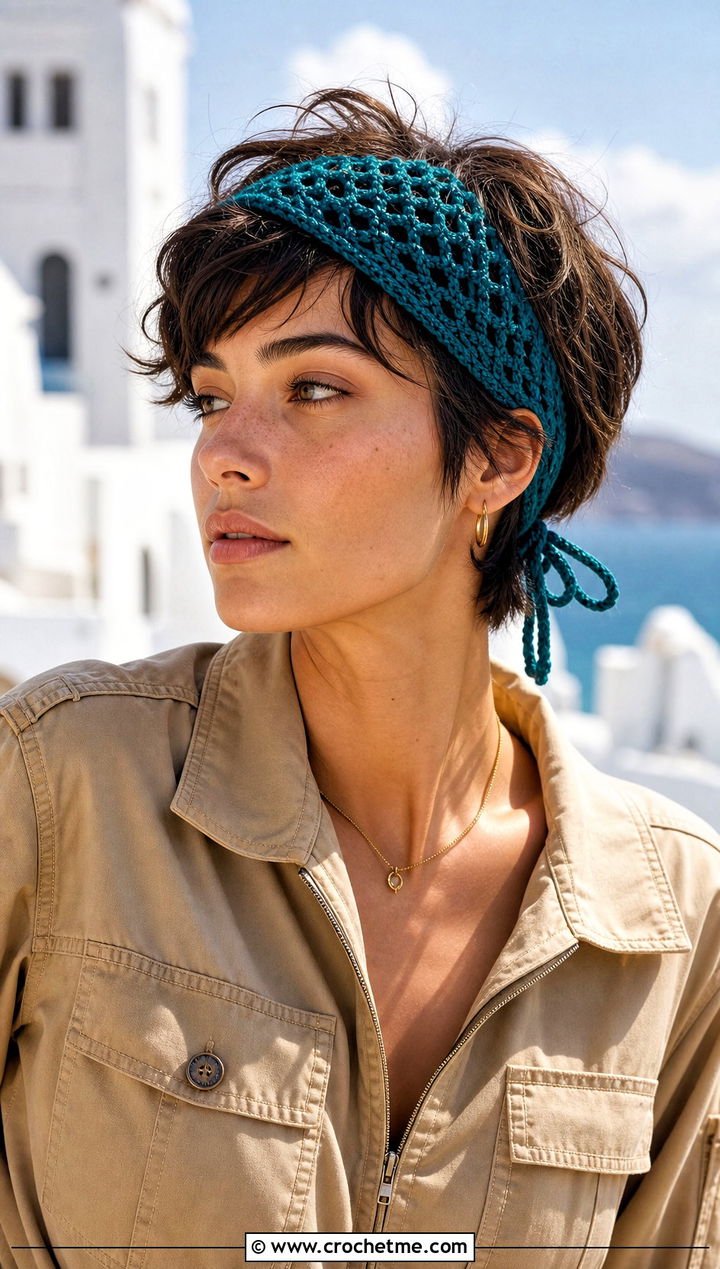 Bandana Crochet Headband With Utility Jumpsuit - 25 crochet headband for short hair outfit ideas