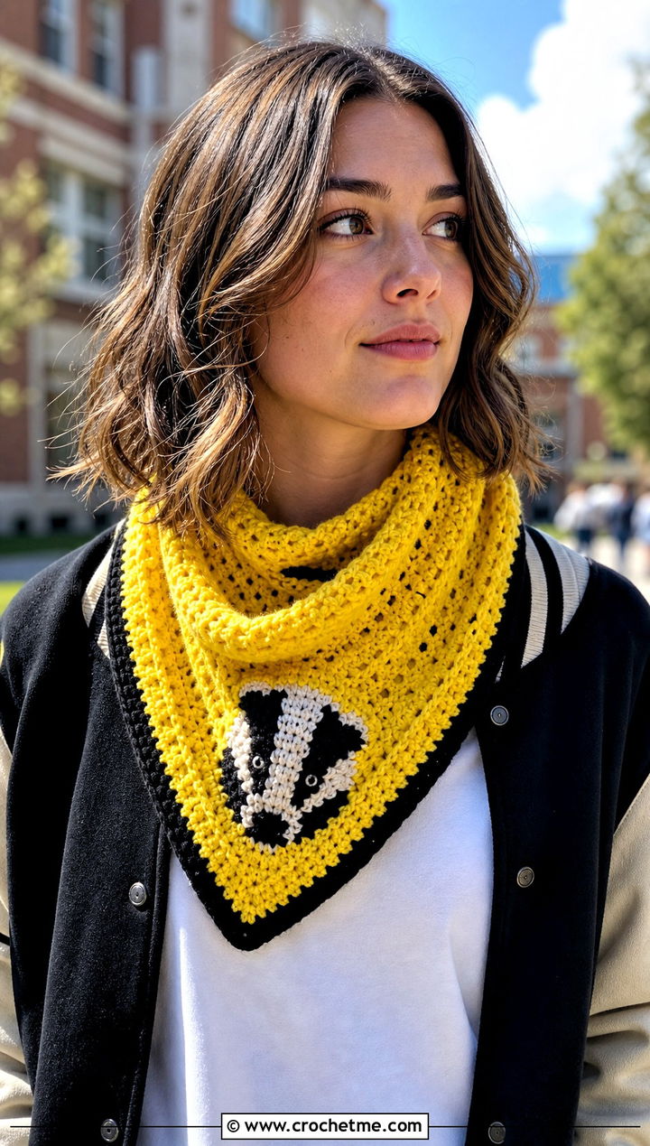 Bandana Crochet Hufflepuff Scarf With Varsity Jacket - 30 crochet hufflepuff scarf outfit ideas