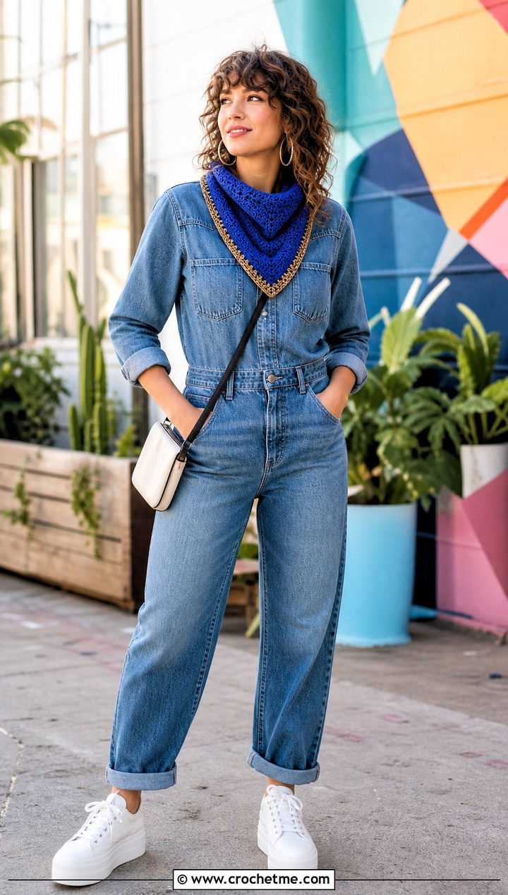 Bandana Crochet Ravenclaw Scarf With Denim Jumpsuit - 35 crochet ravenclaw scarf outfit ideas