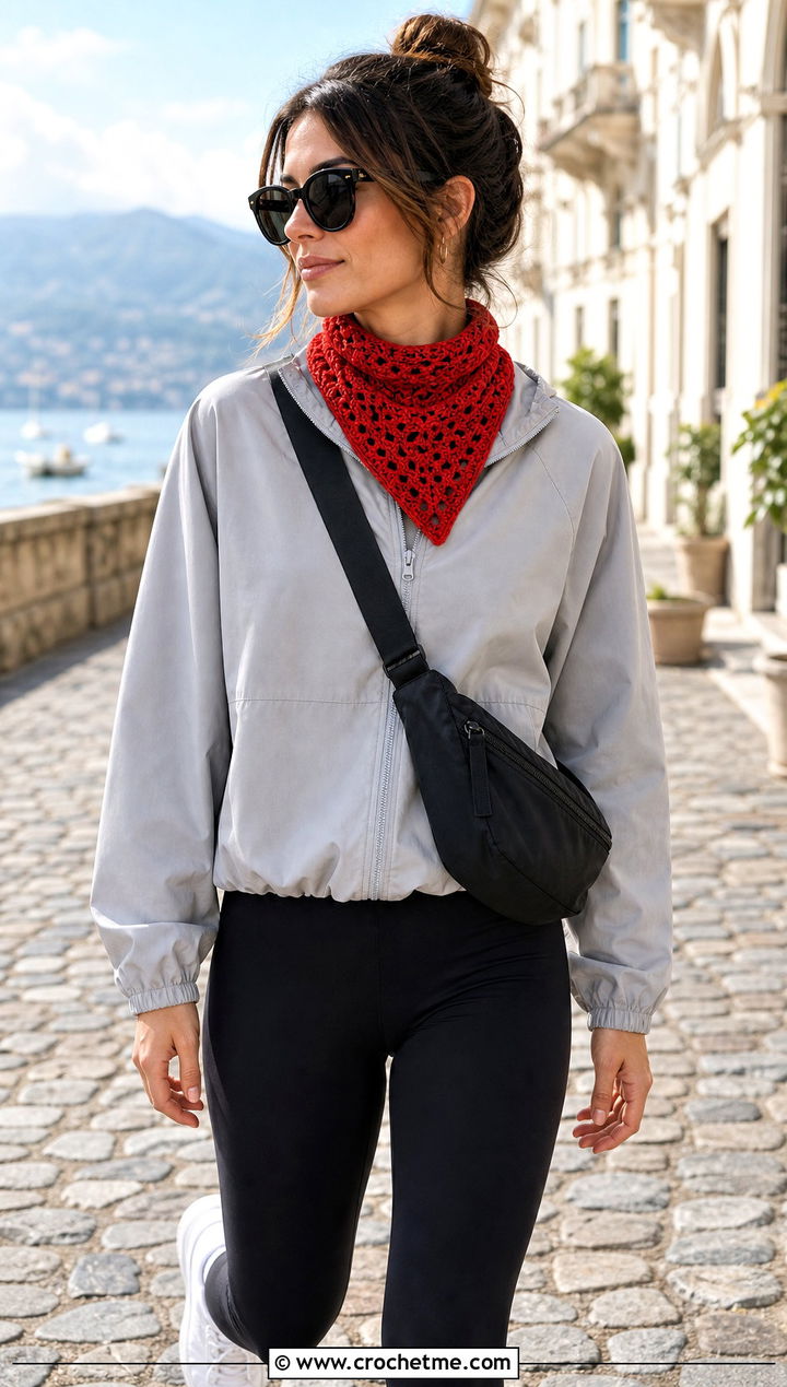 Bandana Crochet Scarf With Athleisure Outfit - 25 crochet scarf design ideas