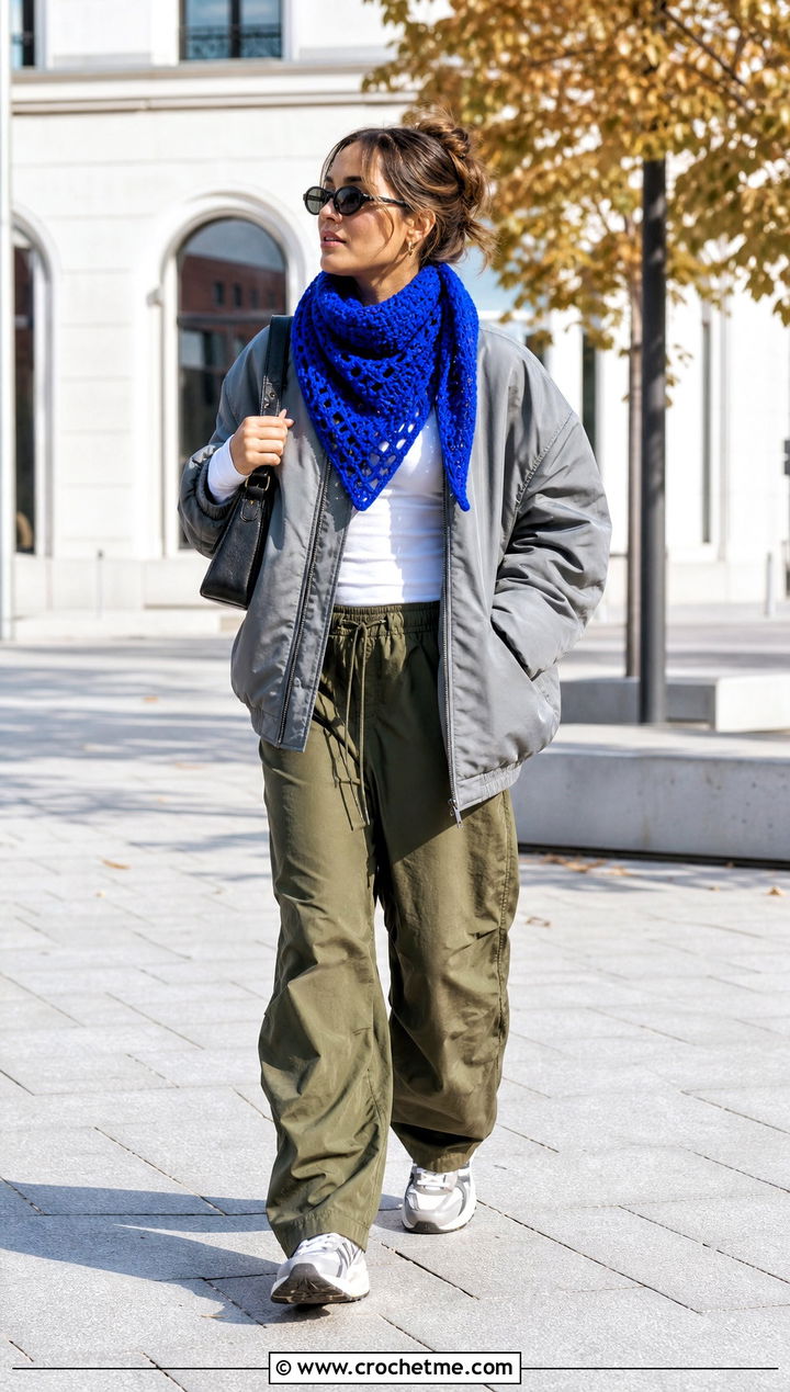 Bandana Crochet Scarf With Bomber Jacket - 35 fall crochet scarf outfit ideas