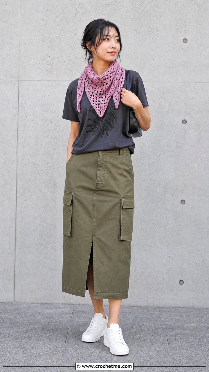 Bandana Crochet Scarf With Graphic Tee and Cargo Skirt - 35 easy one skein crochet scarf outfit ideas