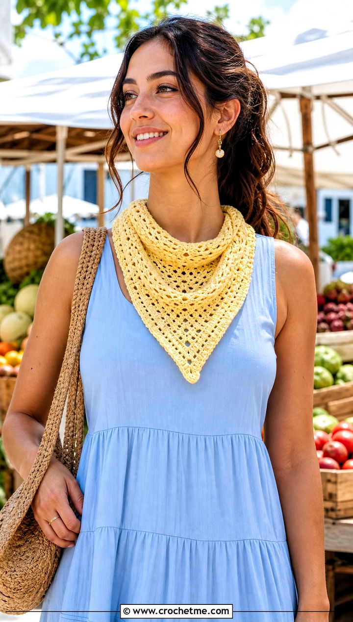 Bandana Crochet Scarf With Summer Dress - 20 Crochet Scarf For Beginners outfit ideas